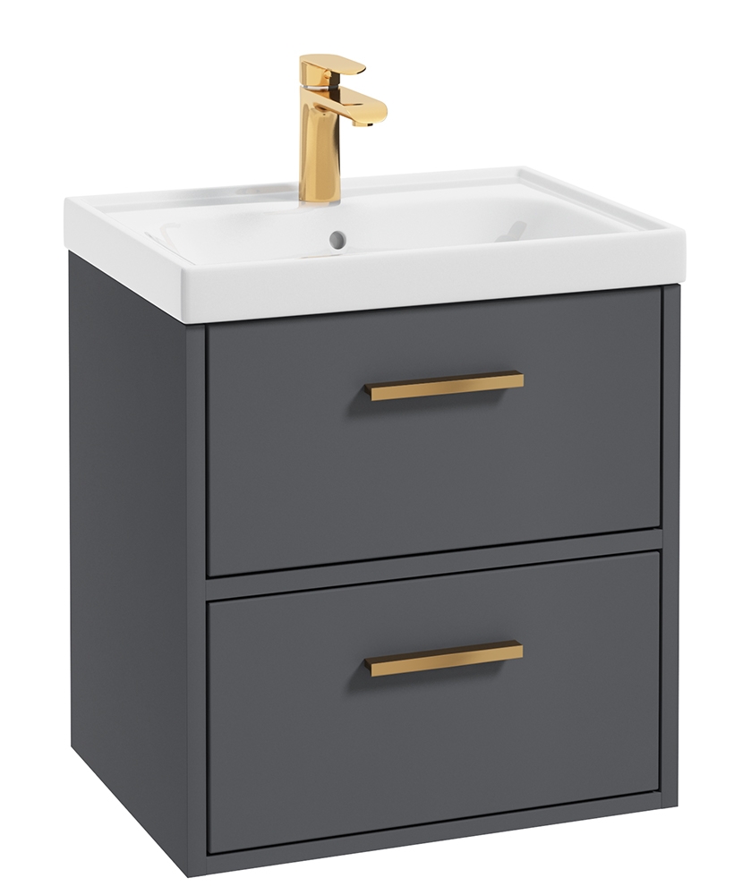 Finland Midnight Grey Matt 50cm Wall Hung Vanity Unit - Brushed Gold Handle