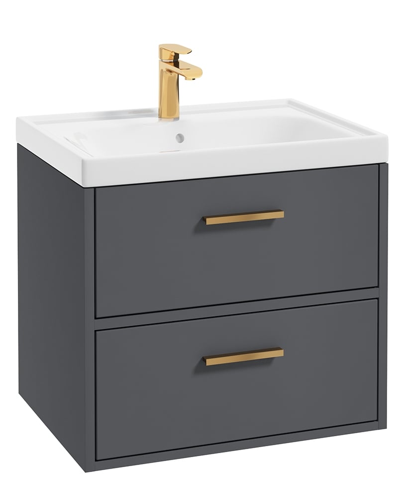 Finland Midnight Grey Matt 60cm Wall Hung Vanity Unit - Brushed Gold Handle