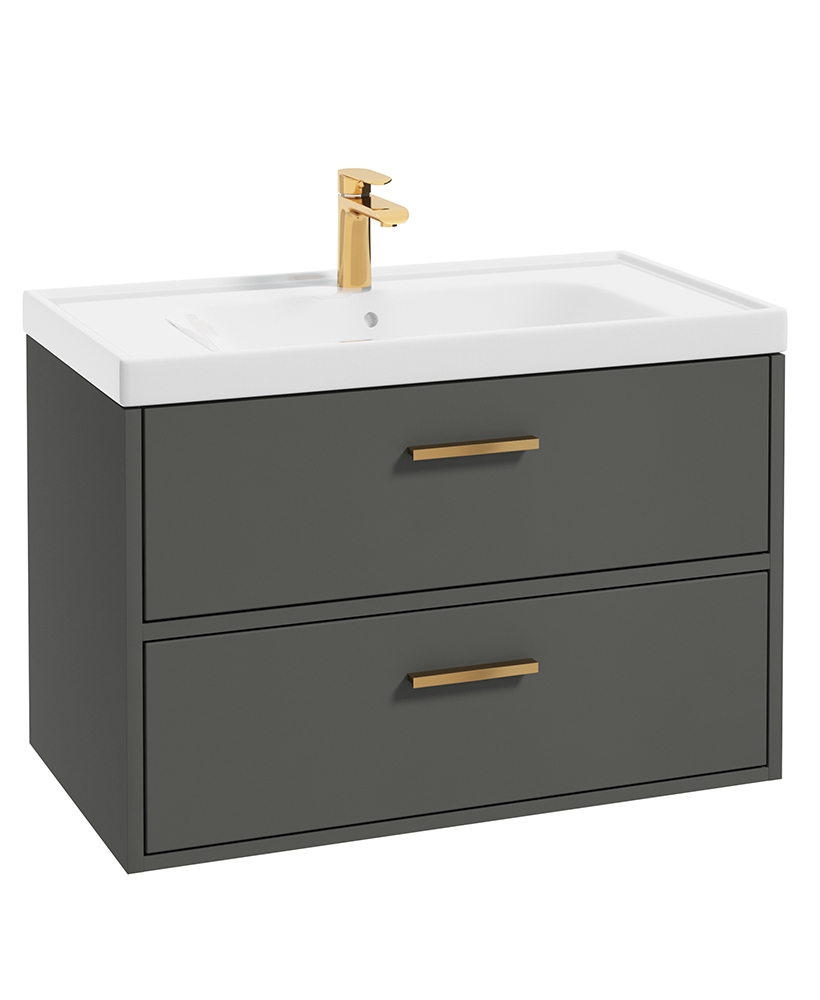 Finland Dolphin Grey Matt 80cm Wall Hung Vanity Unit - Brushed Gold Handle