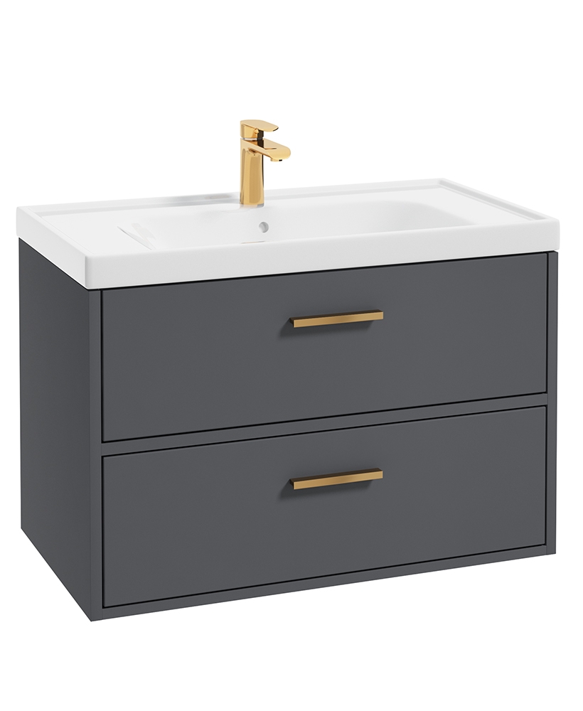 Finland Midnight Grey Matt 80cm Wall Hung Vanity Unit - Brushed Gold Handle