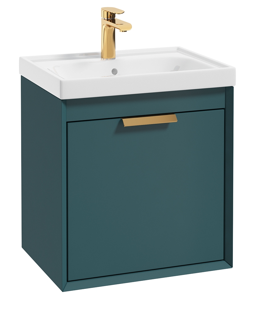 Fjord Ocean Blue Matt 50cm Wall Hung Vanity Unit-Brushed Gold Handle