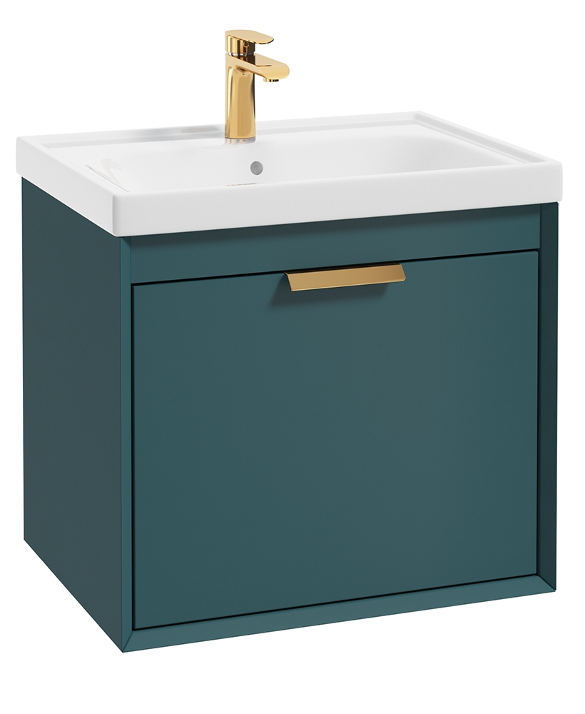 Fjord Ocean Blue Matt 60cm Wall Hung Vanity Unit-Brushed Gold Handle