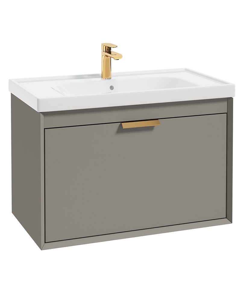 Fjord Khaki Matt 80cm Wall Hung Vanity Unit-Brushed Gold Handle