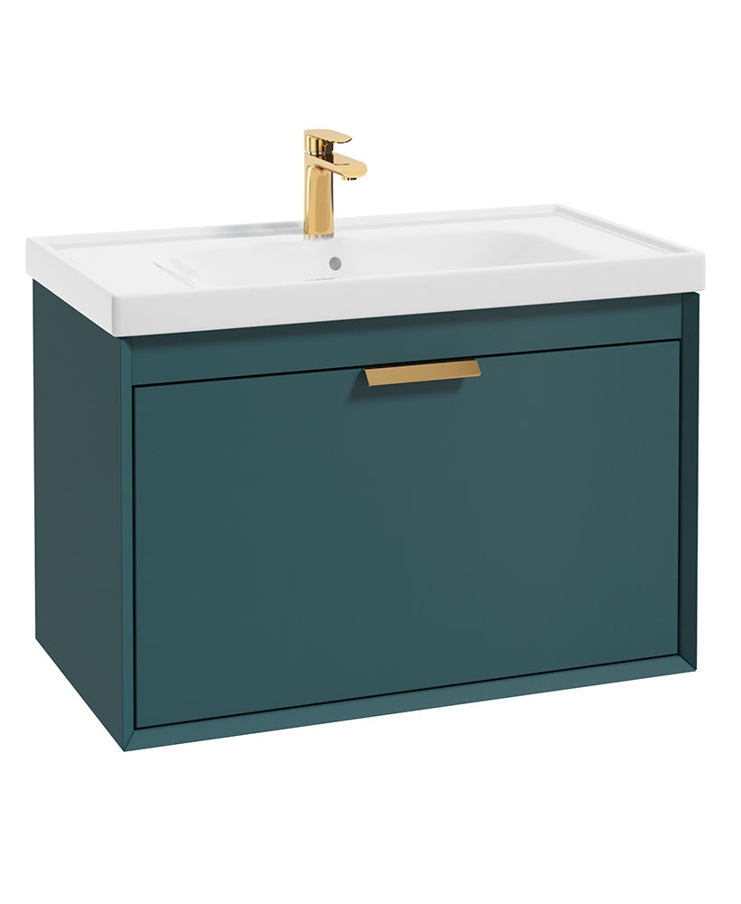 Fjord Ocean Blue Matt 80cm Wall Hung Vanity Unit-Brushed Gold Handle