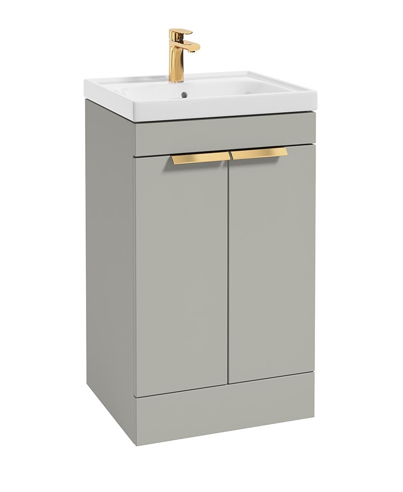 Stockholm Arctic Grey Matt 50cm 2 Door Floor Standing Vanity Unit - Brushed Gold Handle