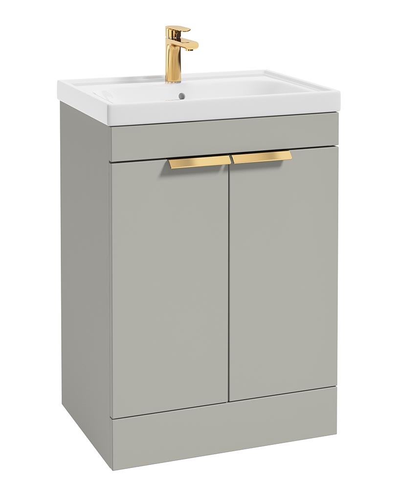 Stockholm Arctic Grey Matt 60cm 2 Door Floor Standing Vanity Unit - Brushed Gold Handle