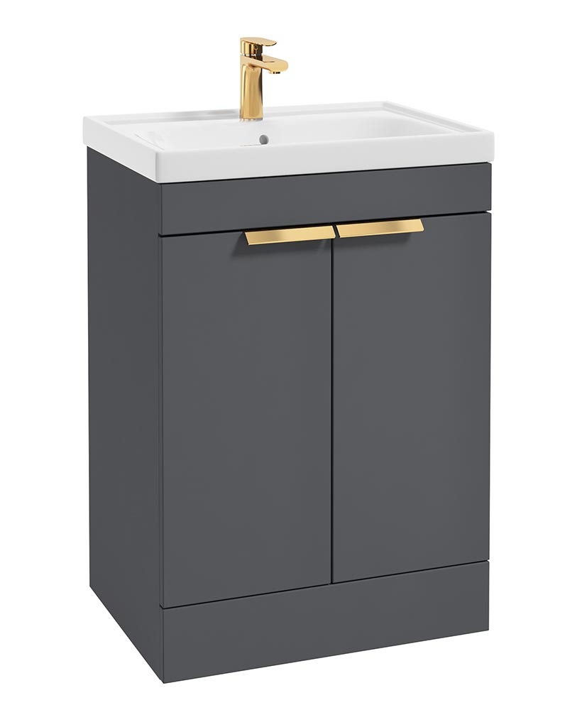 Stockholm Midnight Grey Matt 60cm 2 Door Floor Standing Vanity Unit - Brushed Gold Handle