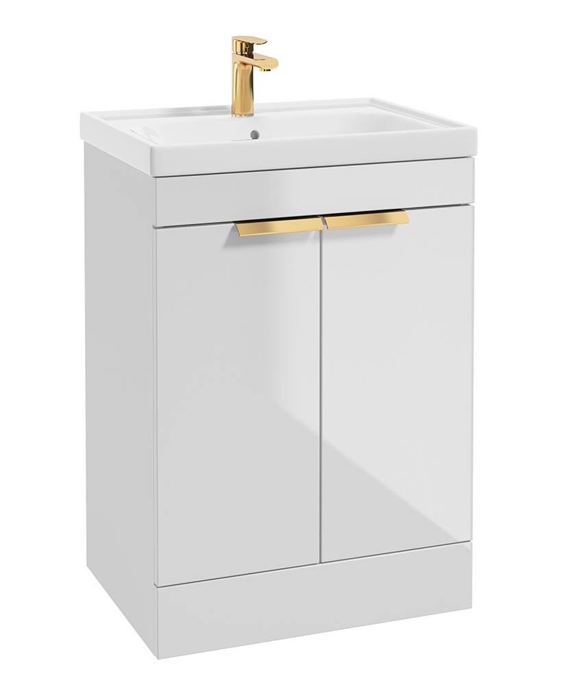 Stockholm Gloss White 60cm 2 Door Floor Standing Vanity Unit - Brushed Gold Handle