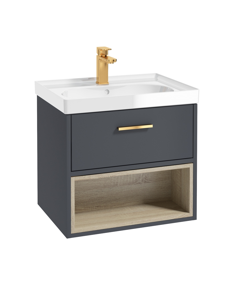 Malmo 60cm Single Drawer - Open Shelf Unit - Matt Night Sky Blue - Brushed Gold Handle - Gloss Basin