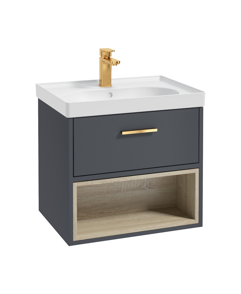 Malmo 60cm Single Drawer - Open Shelf Unit - Matt Night Sky Blue - Brushed Gold Handle - Matt Basin