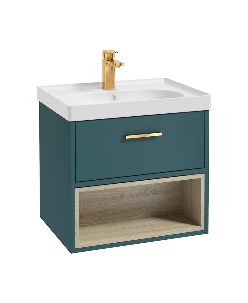 Malmo 60cm Single Drawer - Open Shelf Unit - Ocean Blue - Brushed Gold Handle - Matt Basin