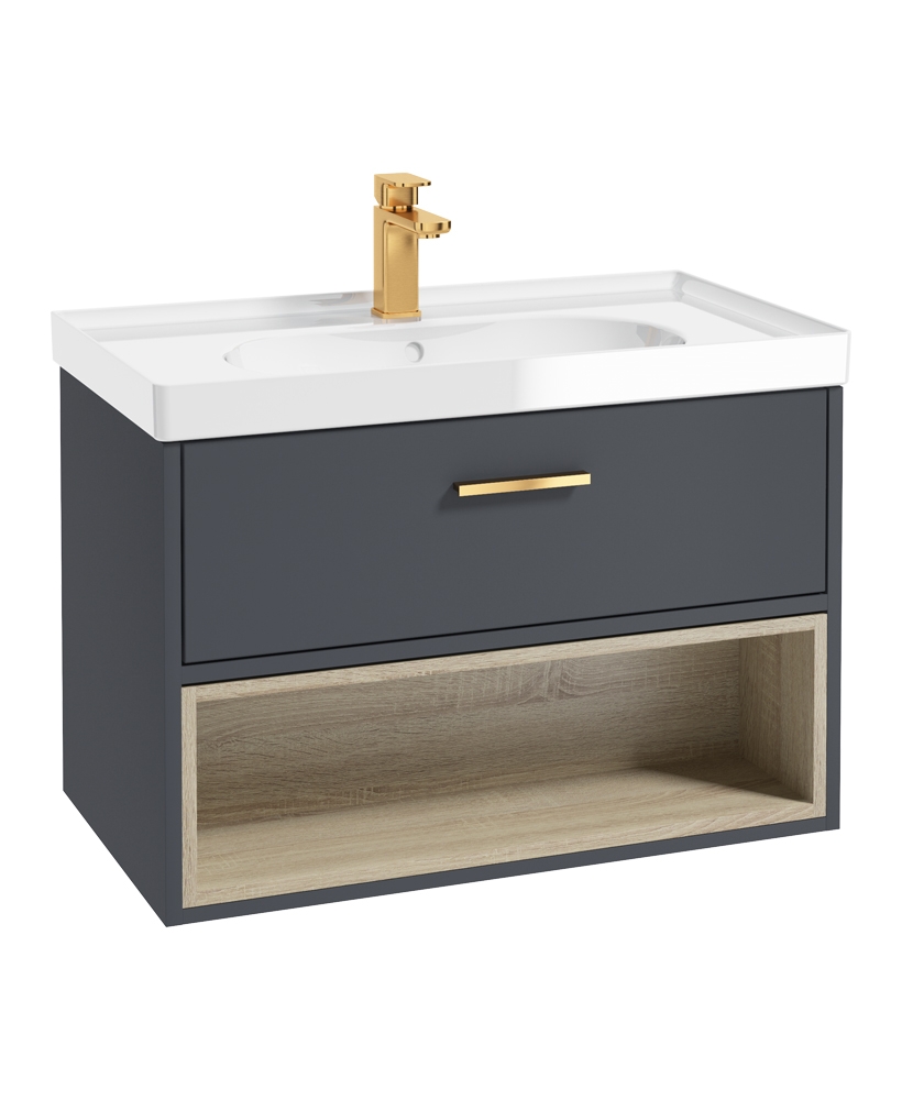 Malmo 80cm Single Drawer - Open Shelf Unit - Matt Night Sky Blue - Brushed Gold Handle - Gloss Basin