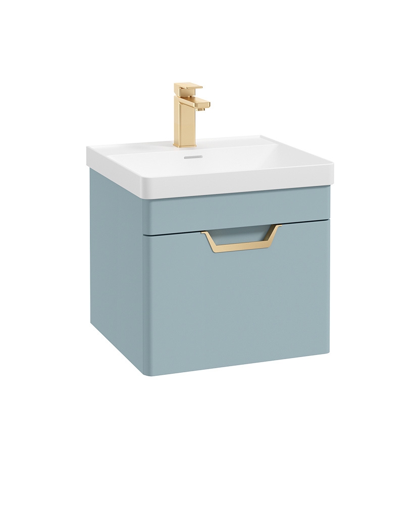 Freya 50cm 1 Drawer Wall Hung Vanity Unit Matt Morning Sky Blue-Gold Handle