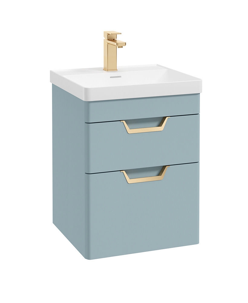 Freya 50cm 2 Drawer Wall Hung Vanity Unit Matt Morning Sky Blue-Gold Handle