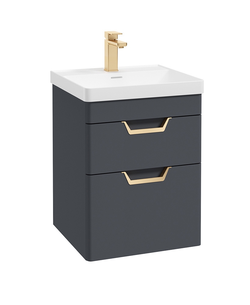 Freya 50cm 2 Drawer Wall Hung Vanity Unit Matt Night Sky Blue-Gold Handle