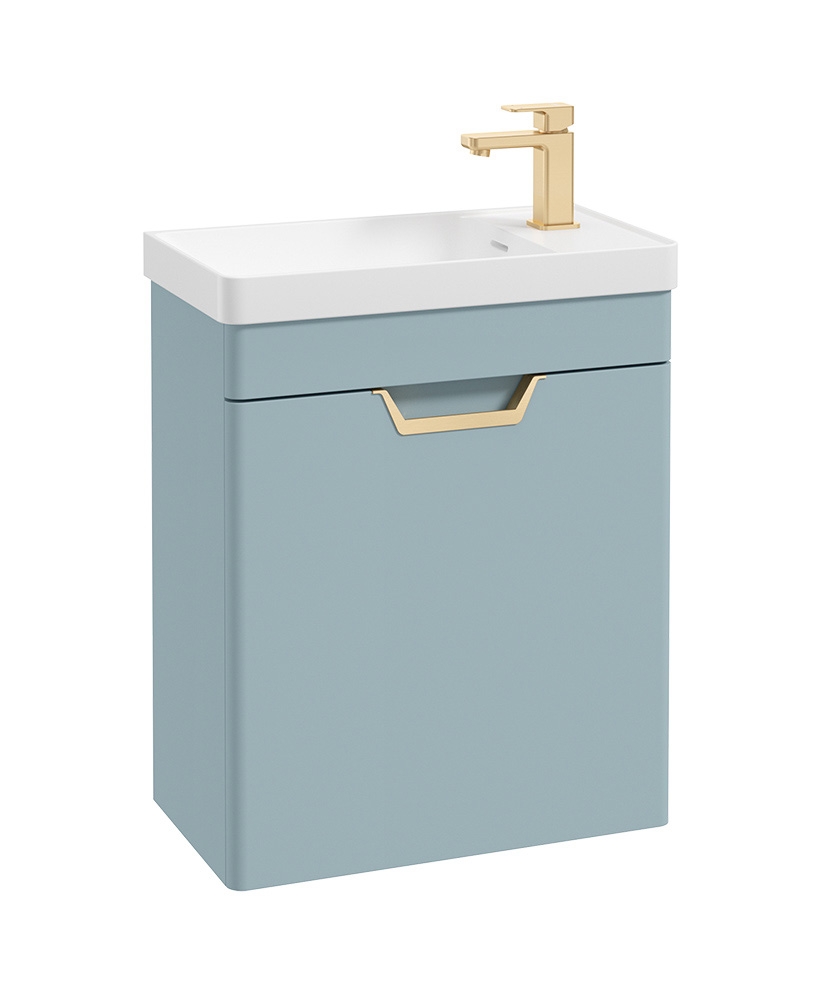 Freya 55cm 1 Door Cloakroom Wall Hung Vanity Unit Matt Morning Sky Blue-Gold Handle