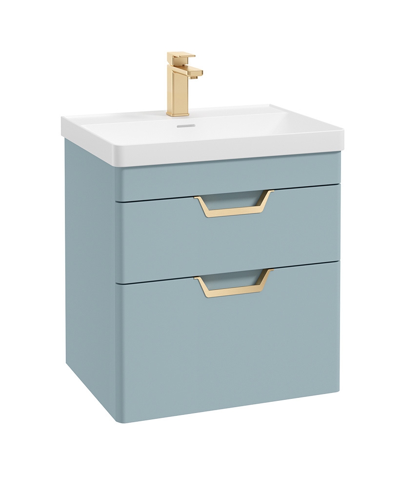 Freya 60cm 2 Drawer Wall Hung Vanity Unit Matt Morning Sky Blue-Gold Handle