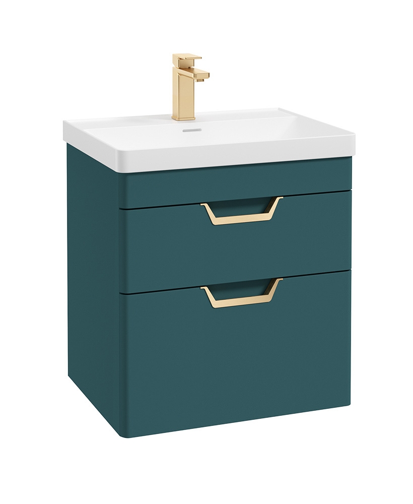 Freya 60cm 2 Drawer Wall Hung Vanity Unit Matt Ocean Blue-Gold Handle