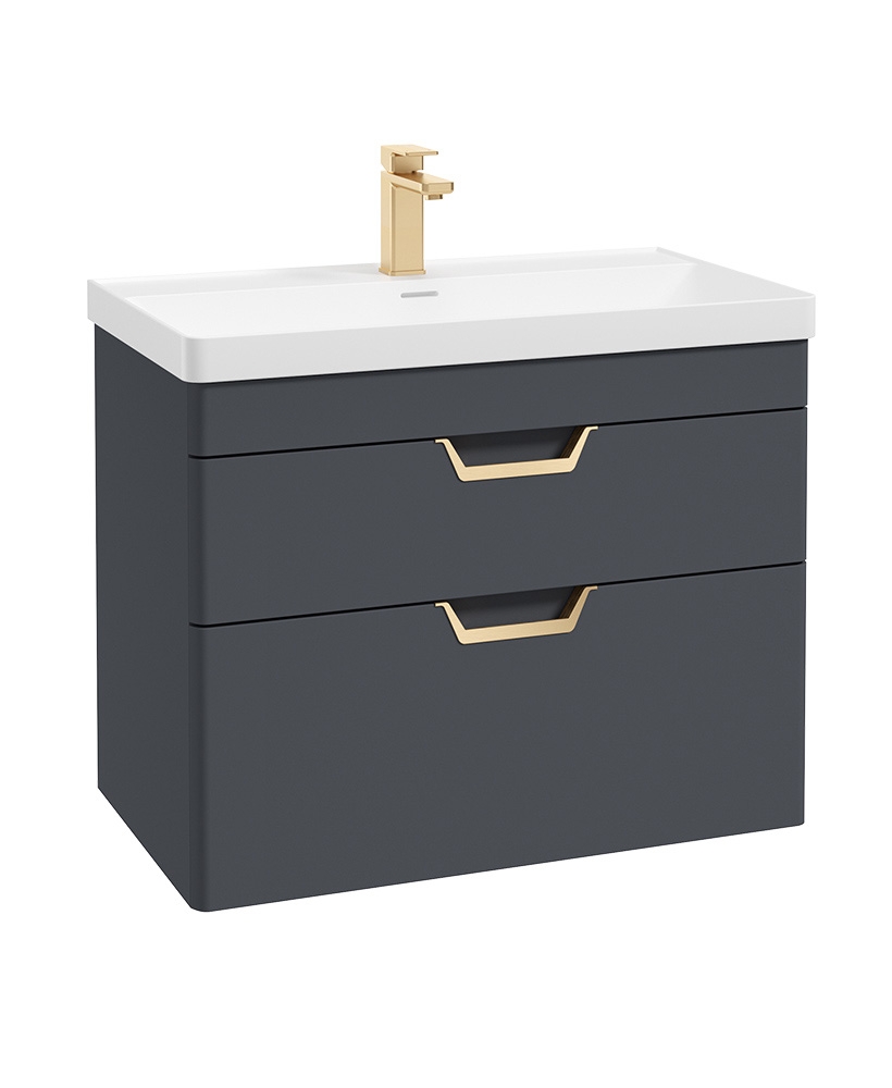 Freya 80cm 2 Drawer Wall Hung Vanity Unit Matt Night Sky Blue-Gold Handle