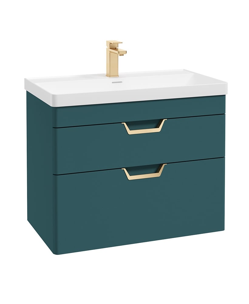 Freya 80cm 2 Drawer Wall Hung Vanity Unit Matt Ocean Blue-Gold Handle