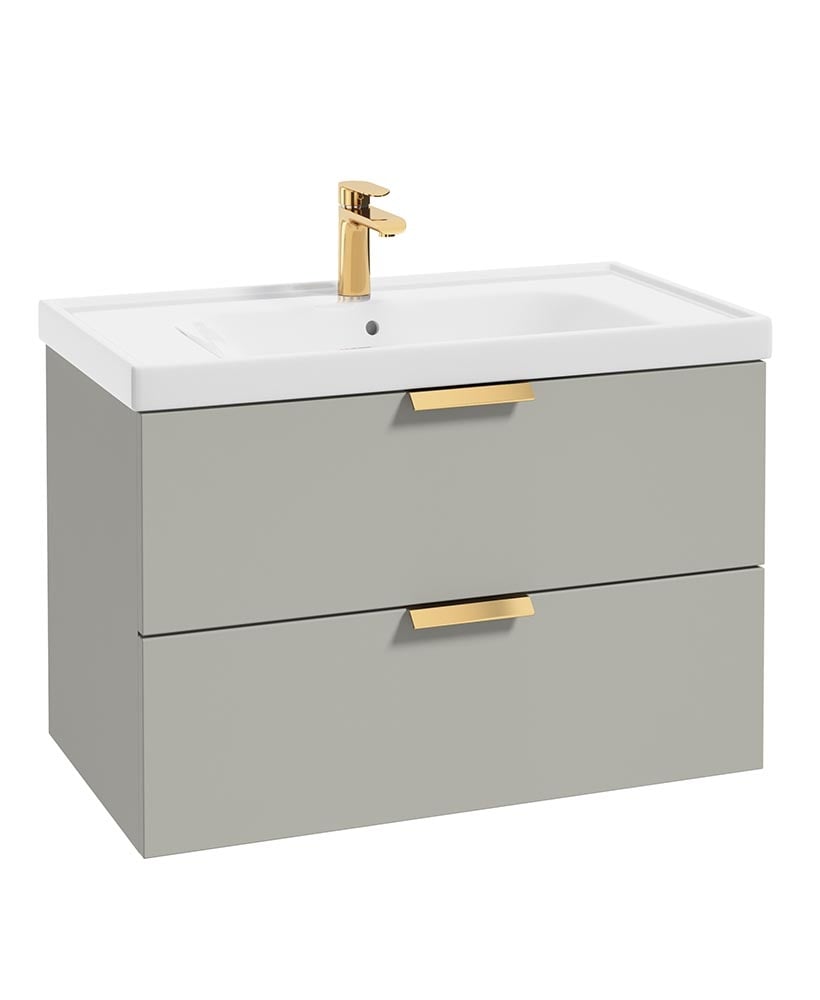 Stockholm Arctic Grey Matt 80cm Wall Hung Vanity Unit - Brushed Gold Handle