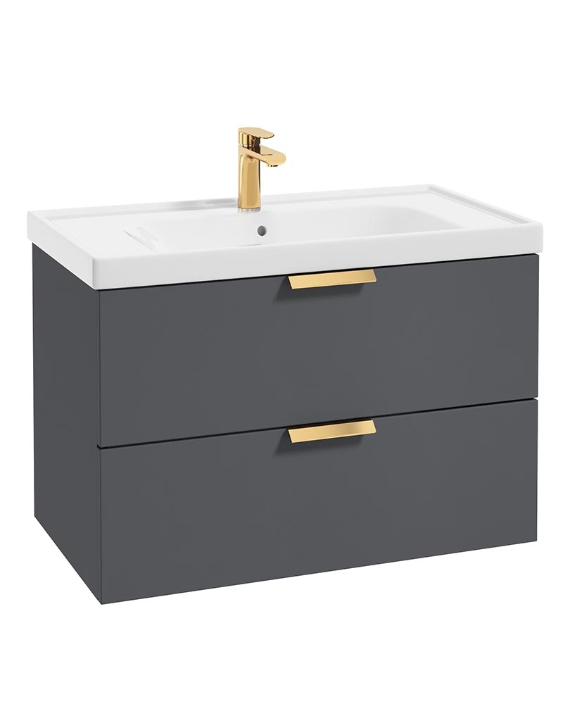 Stockholm Midnight Grey Matt 80cm Wall Hung Vanity Unit - Brushed Gold Handle