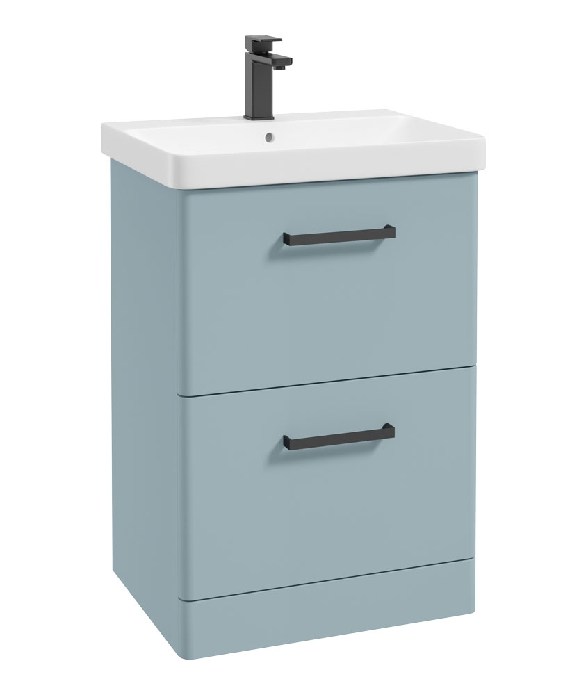 Kora 60cm Floor Standing 2 Drawer Vanity Unit Matt Morning Sky Blue-Black Handles